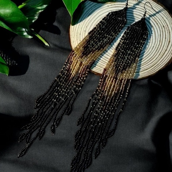 Sexy Dramatic Black and Gold Glass Beaded Fringe Earrings Handmade - Picture 8 of 16